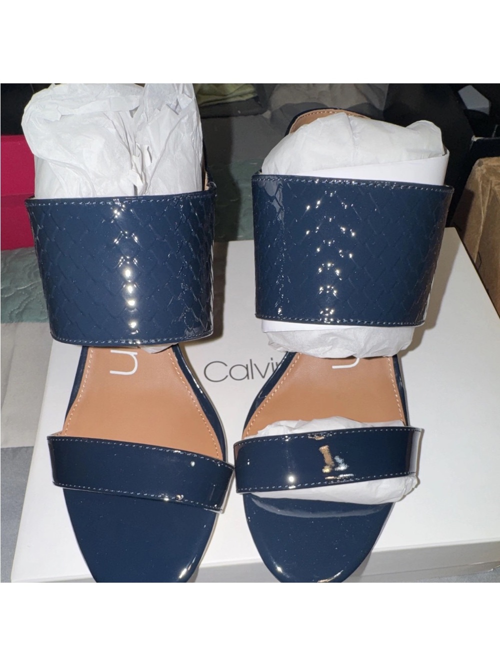 Calvin Klein Glossy Navy Double-strap Slide Sandals
